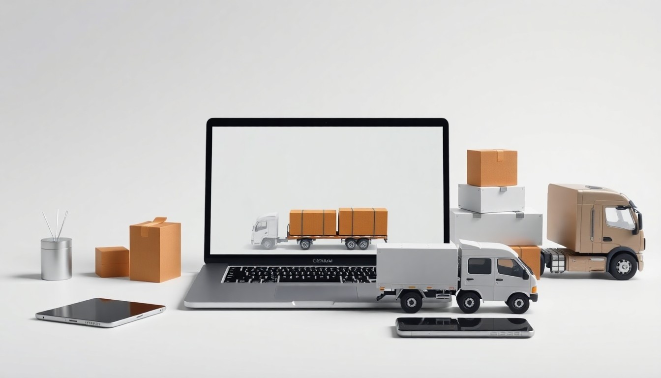 A high-end, photorealistic studio still-life photograph featuring a neatly arranged set of premium, polished objects representing the digital tools and technologies driving supply chain efficiency, such as a sleek laptop, a modern smartphone, and a stylized 3D-printed logistics model, all set against a clean, monochromatic background.