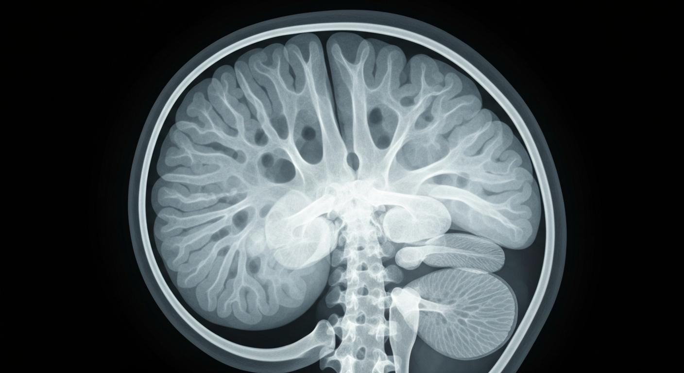 A highly detailed, translucent X-ray photograph showing the intricate structure of a fetal brain, conveying the complexity of fetal development and the need for balanced, evidence-based care during pregnancy.