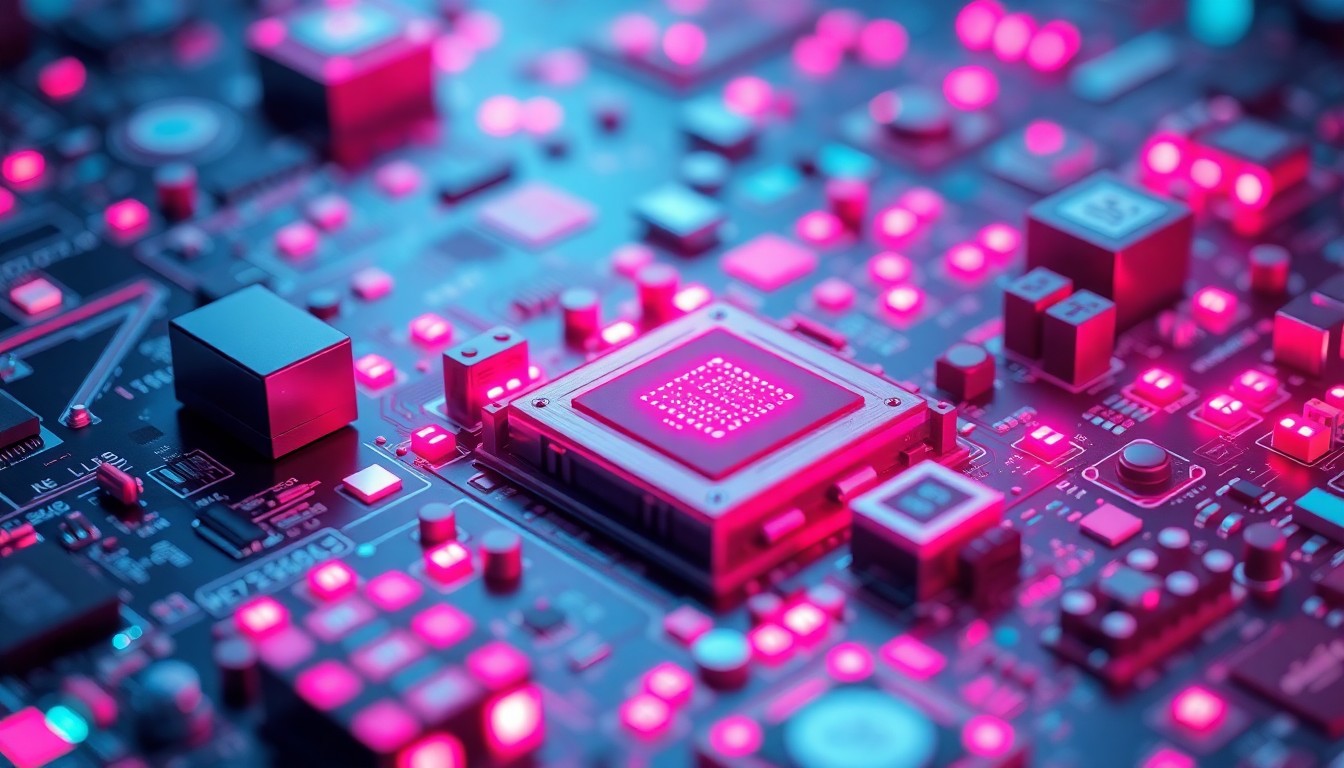 A highly detailed, glowing 3D illustration of an AI-powered essay grading system, with circuit boards, processors, and other recognizable tech elements illuminated by vibrant neon lights, conceptually representing the advanced technology behind the platform's capabilities.