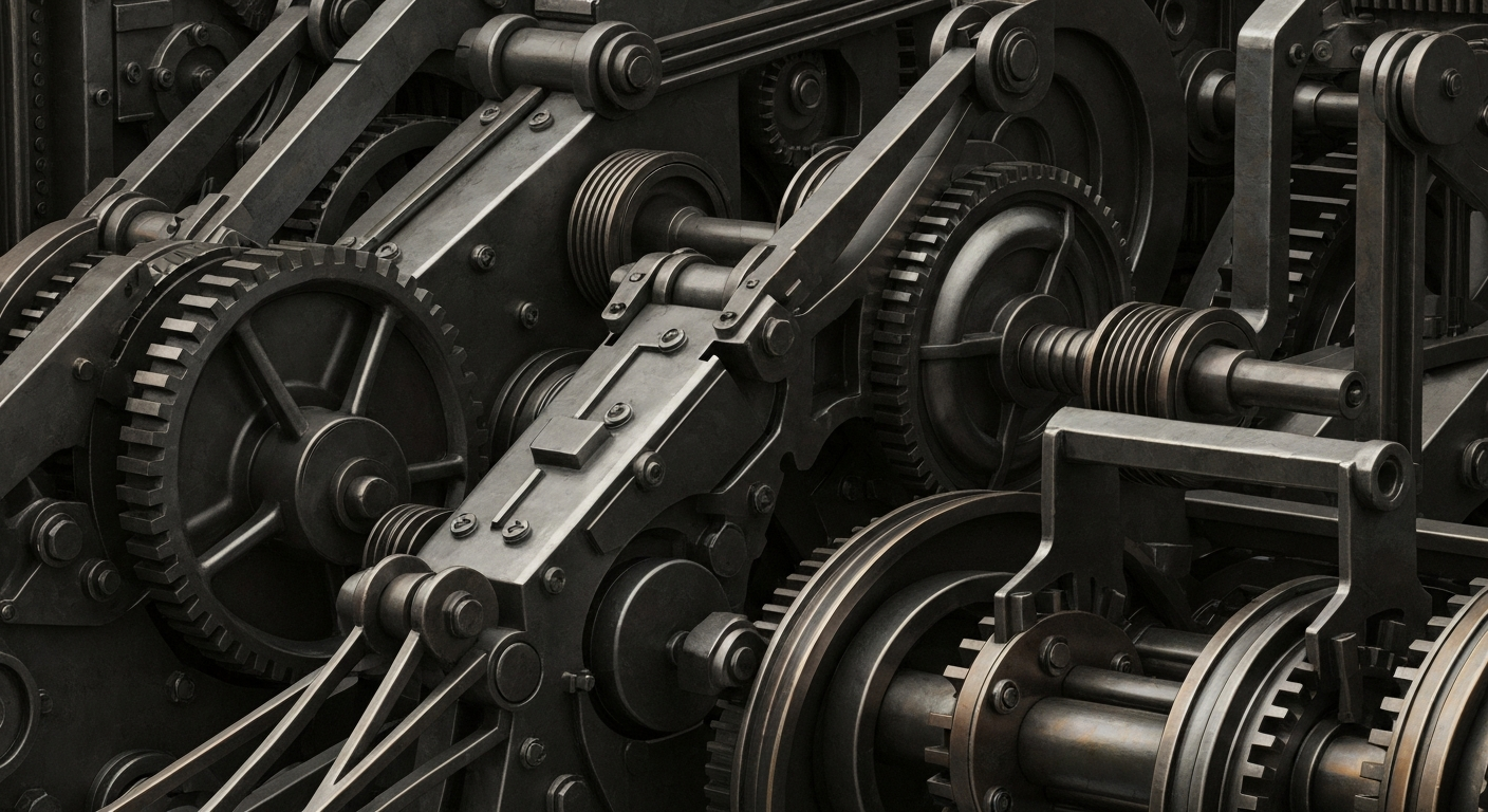 A cinematic close-up of industrial banking equipment and machinery, with intricate gears, pulleys, and mechanisms in shades of steel grey, bronze, and black, representing the complex financial infrastructure that underpins the global economy.