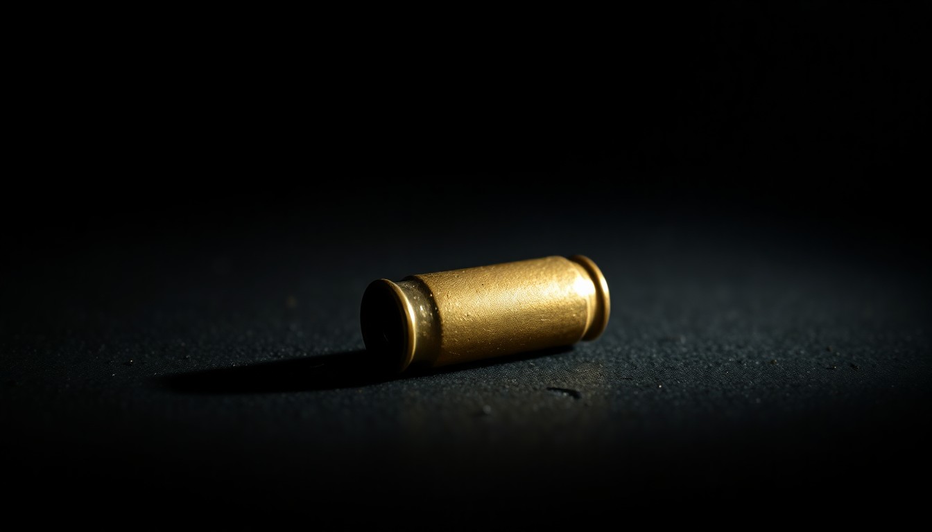 An extreme close-up photograph of a single spent bullet casing on a dark, textured surface, conceptually illustrating the violence of a shooting incident.
