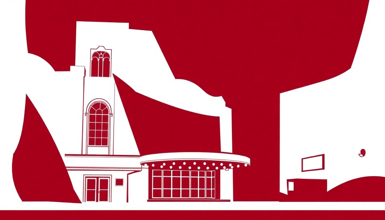 An abstract, minimalist illustration featuring bold, jagged shapes in deep burgundy and bright white, conceptually representing the renovation and transformation of a historic theater building.