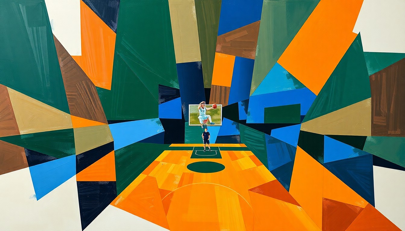 A cubist, geometric painting depicting fragmented, overlapping shapes and planes in shades of green, blue, and orange, representing the chaotic nature of a college basketball game and the challenges facing the Oregon Ducks programs.