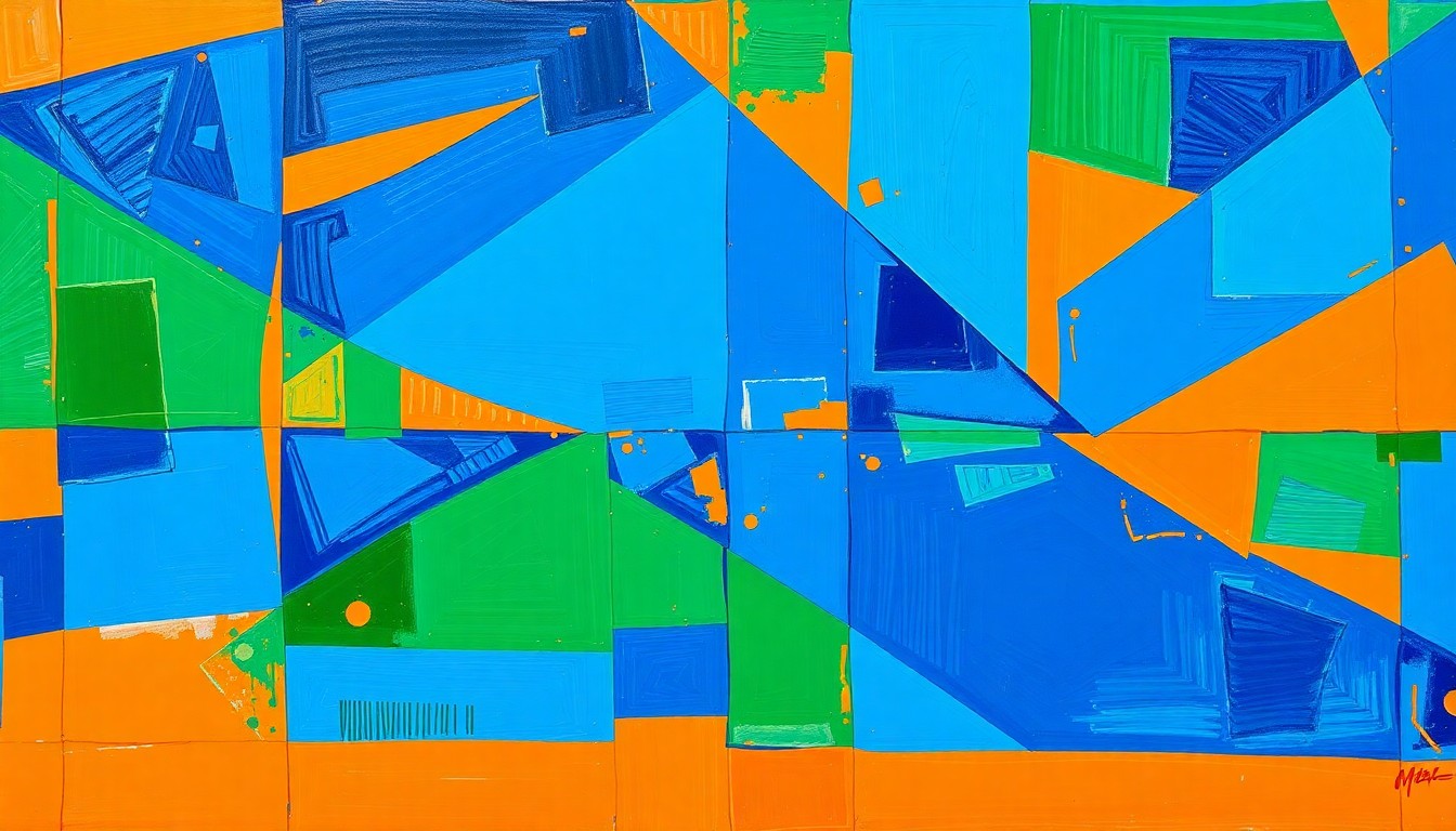 A cubist, geometric painting depicting multiple perspectives of Jo Adell leaping to catch baseballs over the outfield wall, capturing the dynamic energy and athleticism of his home run robbery highlights.