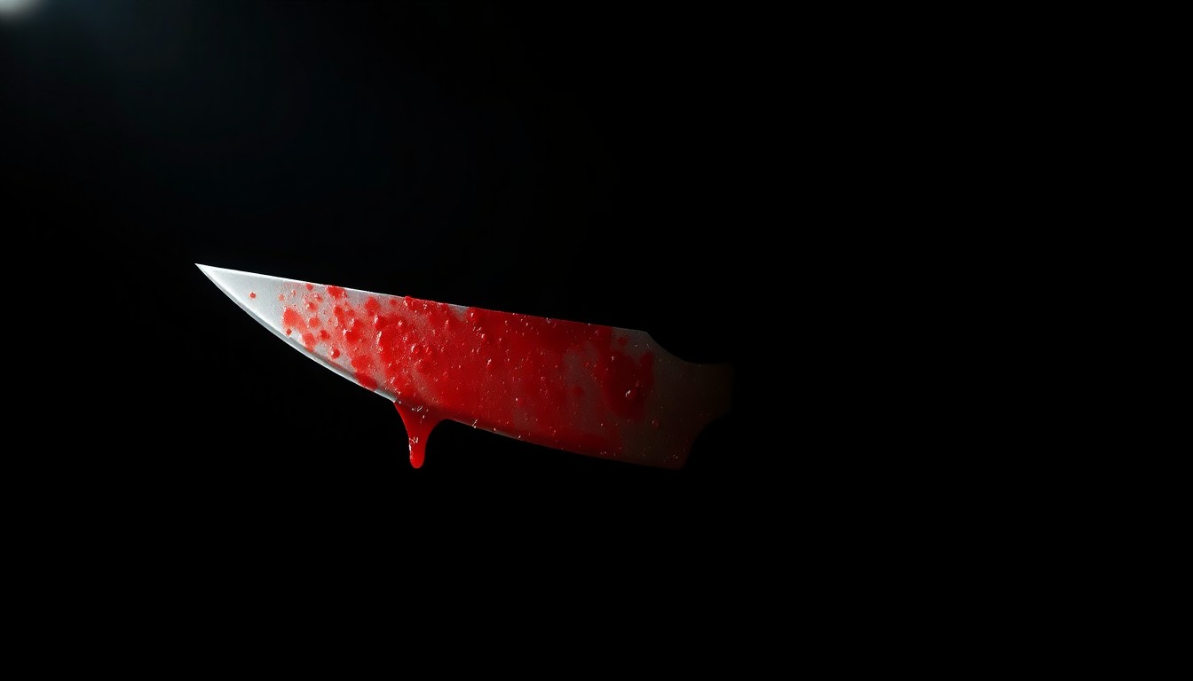An extreme close-up of a single bloody knife blade, the harsh flash illuminating the sharp metal edge against a pitch-black background, conceptually representing the violent nature of the early morning stabbing incident in Hartford.