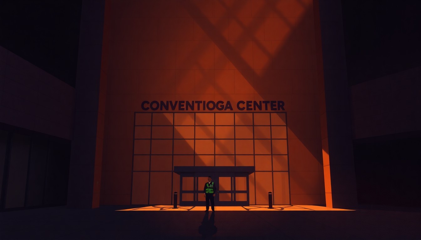 A photorealistic painting of a large convention center building with a security guard standing at the entrance, the structure bathed in warm, golden light and deep shadows, conveying a sense of quiet importance and international significance.