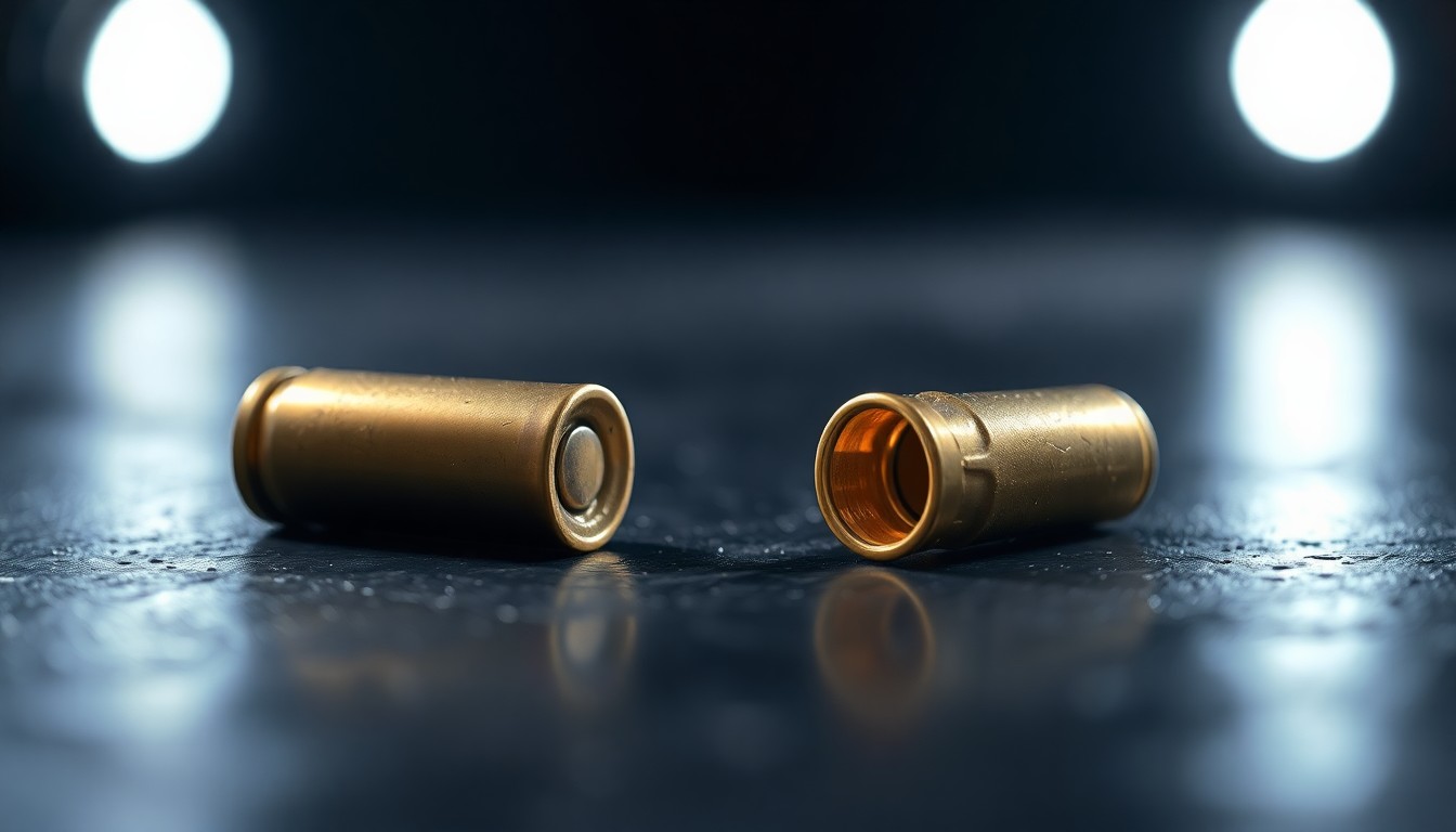 An extreme close-up photograph of a single spent bullet casing on a dark surface, lit by a harsh camera flash, conceptually representing the violent crime that claimed the life of a local business owner.