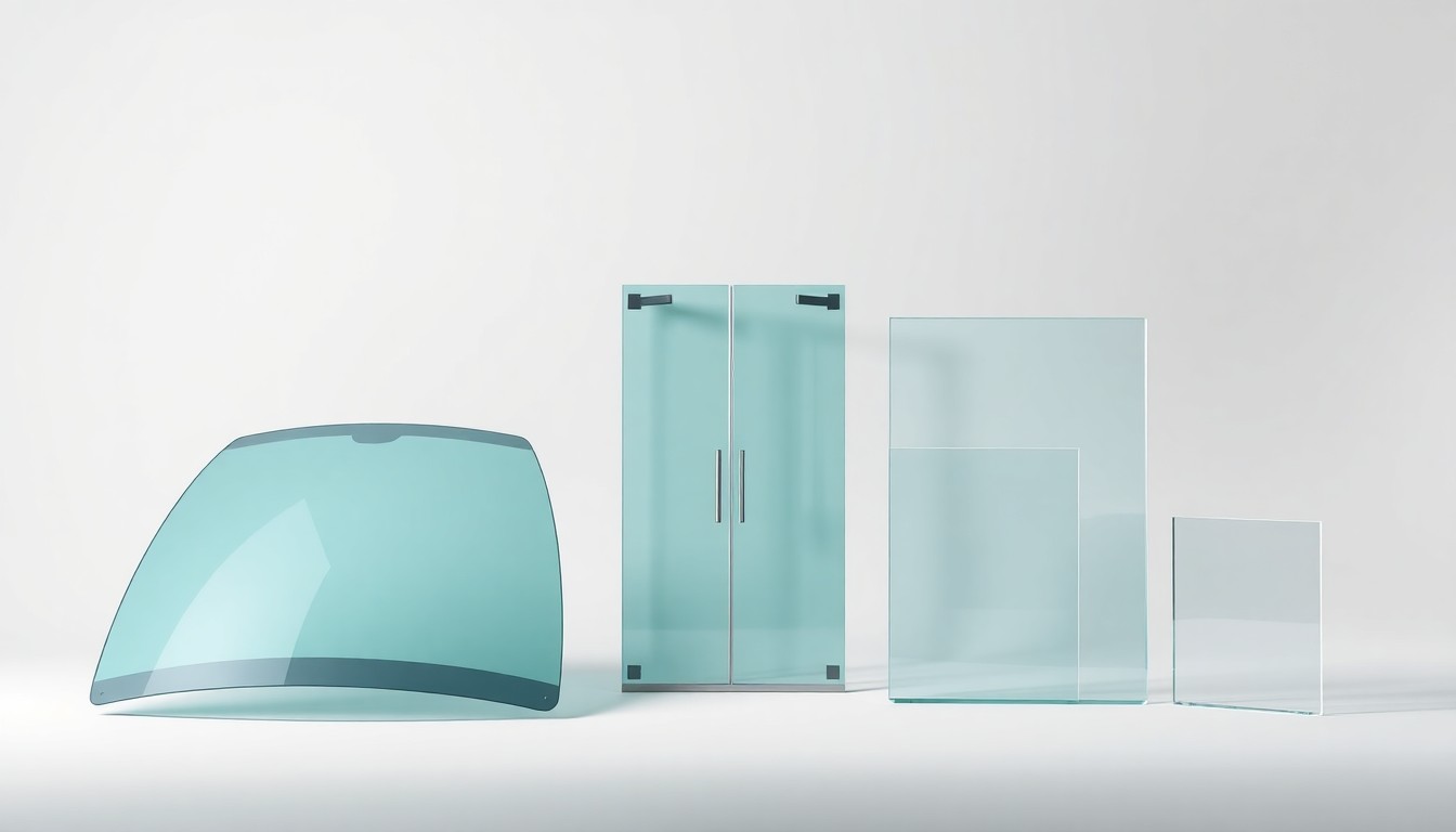 A high-end, photorealistic studio still-life photograph featuring a collection of premium glass objects, including a car windshield, a frameless shower door, and a commercial storefront panel, arranged elegantly on a clean, monochromatic background to conceptually represent the diverse glass services offered by Dixie Glass.