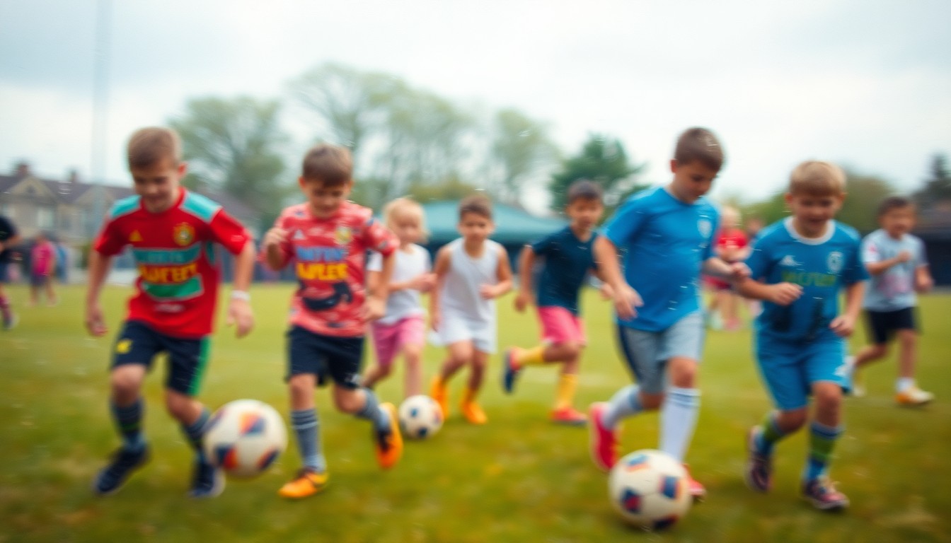 An abstract, impressionistic scene of children playing soccer on a field, with soft, warm pools of color and light creating a sense of joy and inclusion.