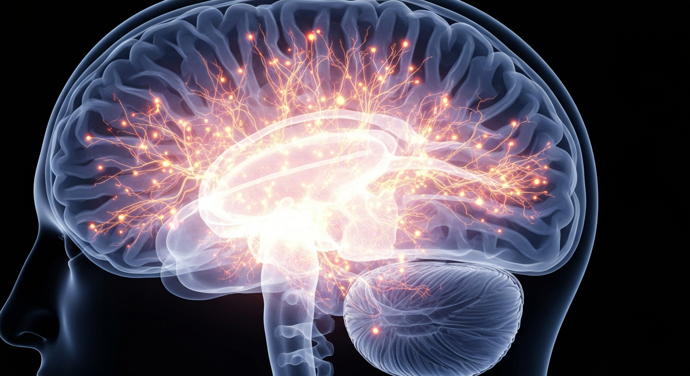 A ghostly, translucent X-ray photograph revealing the intricate neural structures of the human brain, conveying the complex, interconnected nature of cognitive function.