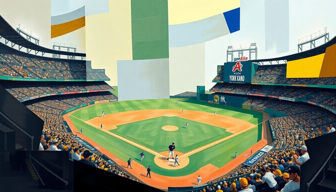 A cubist, geometric illustration depicting a baseball game between the Oakland Athletics and New York Yankees, with the players and field broken down into sharp, overlapping shapes and planes of color.