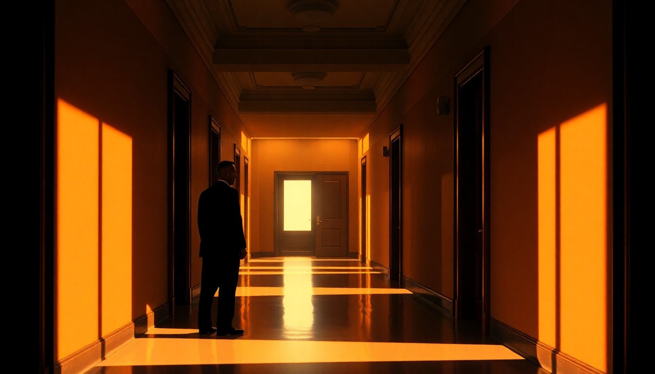 A solitary figure stands alone in a dimly lit government building hallway, bathed in warm, diagonal sunlight and deep shadows, conceptually representing the political influence and advocacy of LGBTQ+ representation.