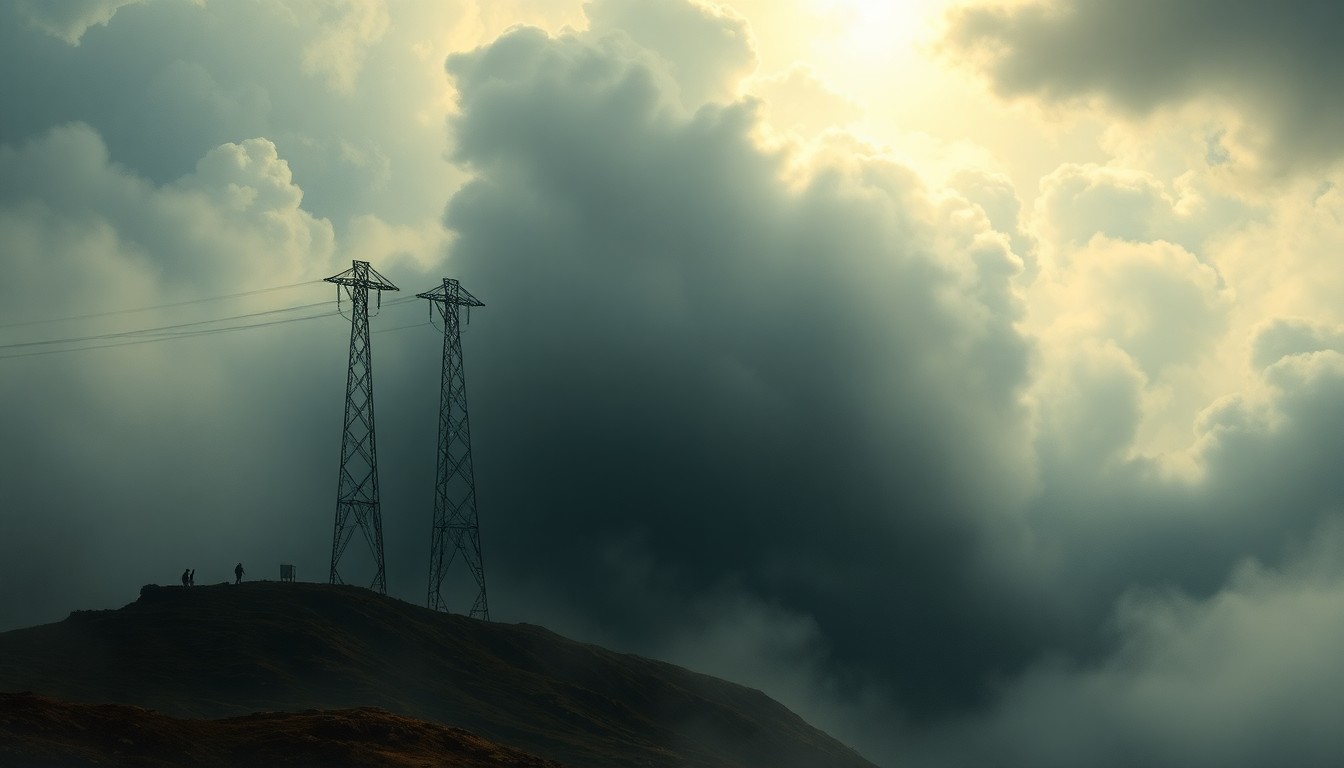 A sweeping, atmospheric landscape painting in muted tones, with a towering electrical pole and transformer barely visible through heavy fog and dramatic lighting, conveying the overwhelming scale and power of the natural world.