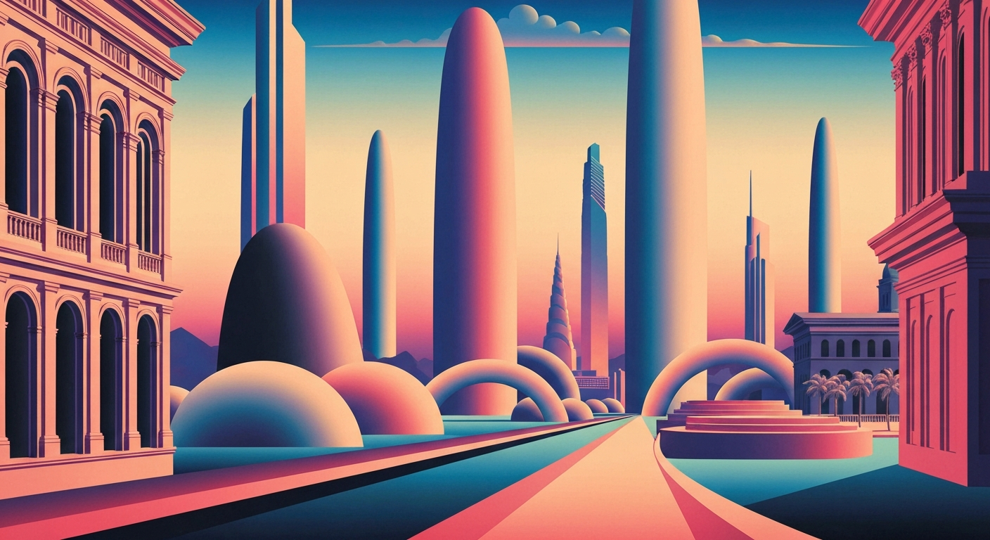 A bold, geometric illustration in the Art Deco style, featuring a towering, streamlined hotel building with sweeping, smooth gradients in shades of blue and gold, capturing the grand scale and romantic essence of the historic King and Prince Hotel on St. Simons Island.