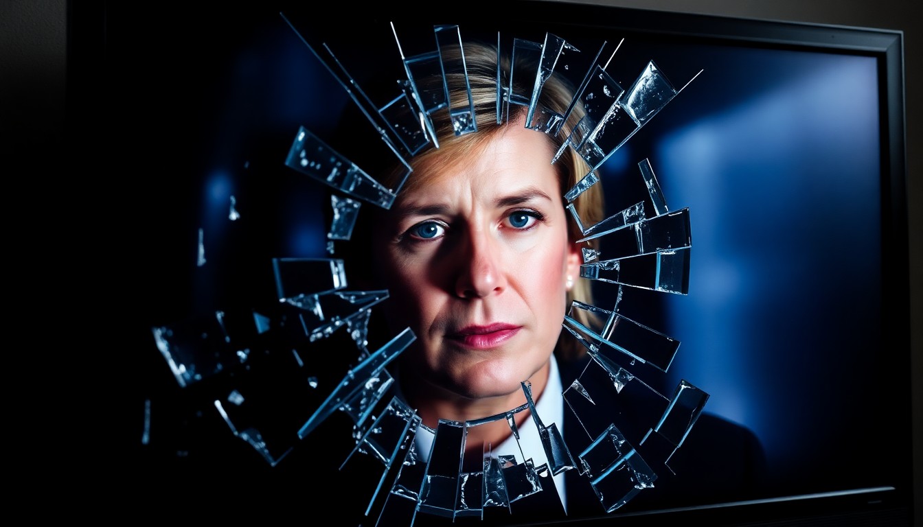 An extreme close-up of a shattered television screen reflecting the distorted face of a news anchor, conveying a sense of disruption and emotional impact within the local news industry.