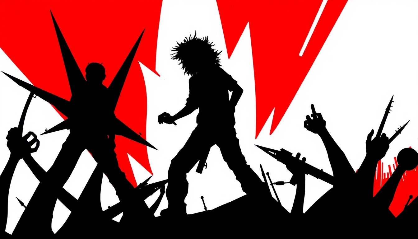 A dynamic, abstract illustration featuring bold, angular black silhouettes against a stark red and white background, capturing the rebellious energy of Billy Idol's music.
