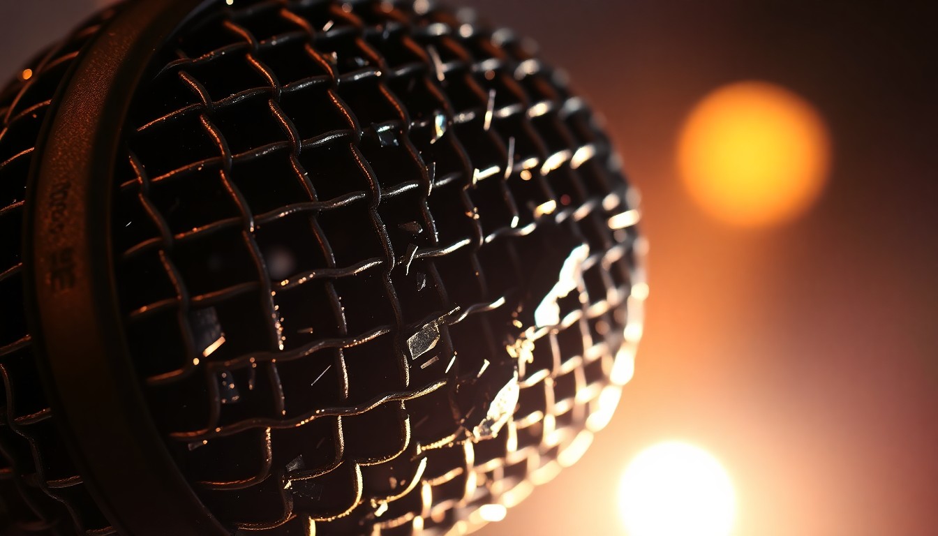 An abstract close-up photograph of a damaged metal microphone grill, reflecting a warm stage light and conveying the emotional impact of a musical dream cut short.