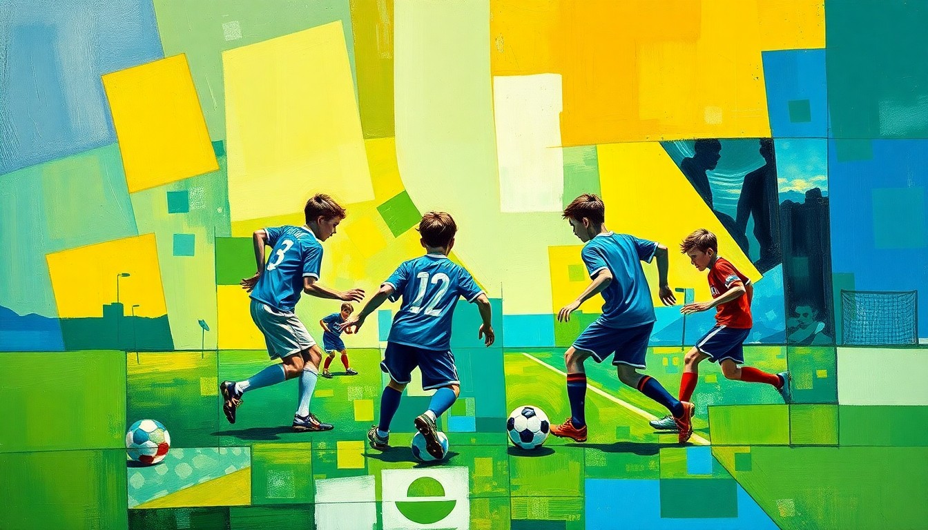 A fragmented, geometric painting depicting the dynamic movements and competing perspectives of a soccer game, with players and the field rendered in overlapping planes of vivid green, blue, and yellow hues.