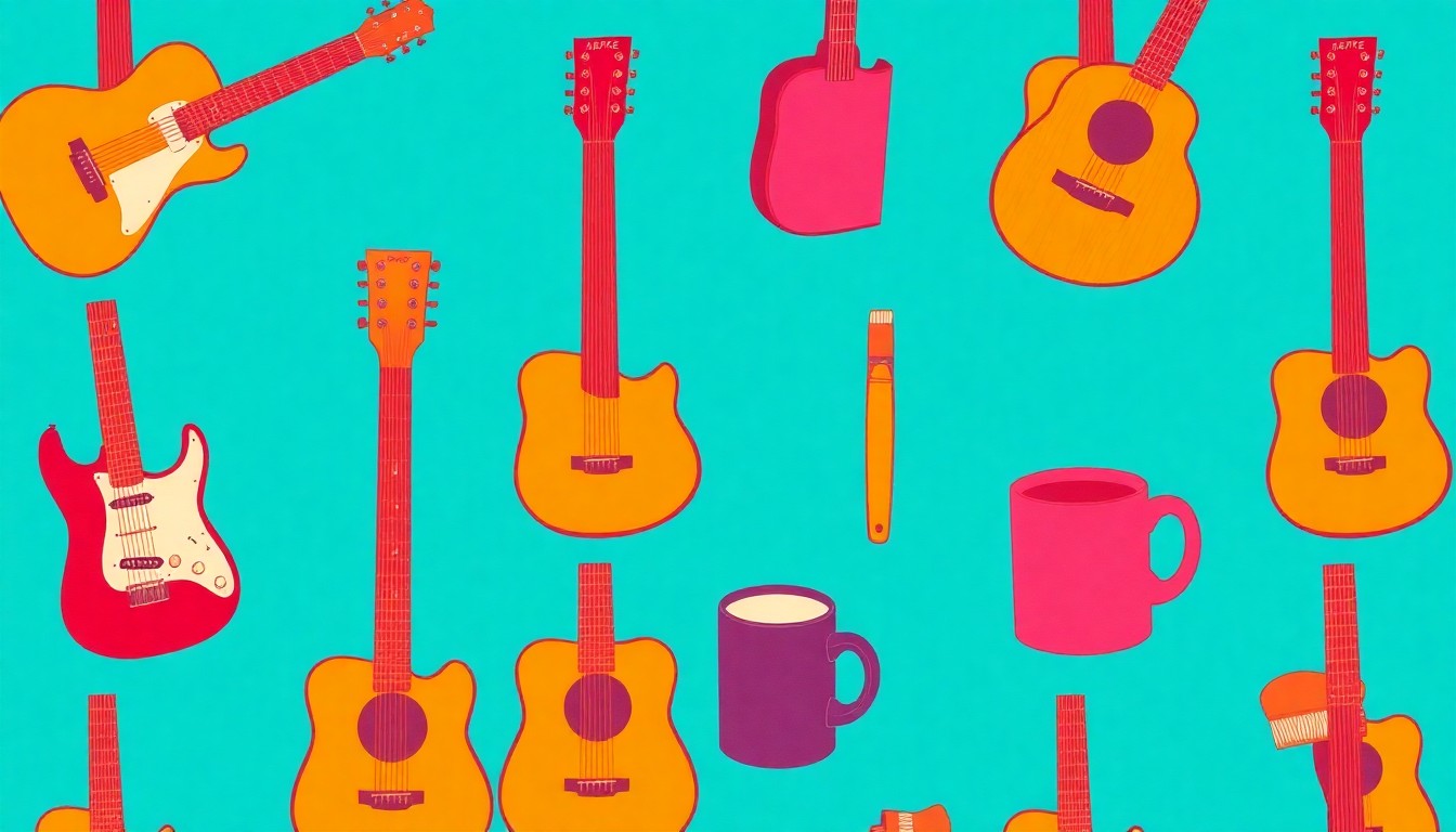 A vibrant, abstract silkscreen illustration featuring repeated icons of a guitar, paintbrush, and coffee mug, conveying the creative energy and community spirit of an arts and music festival.