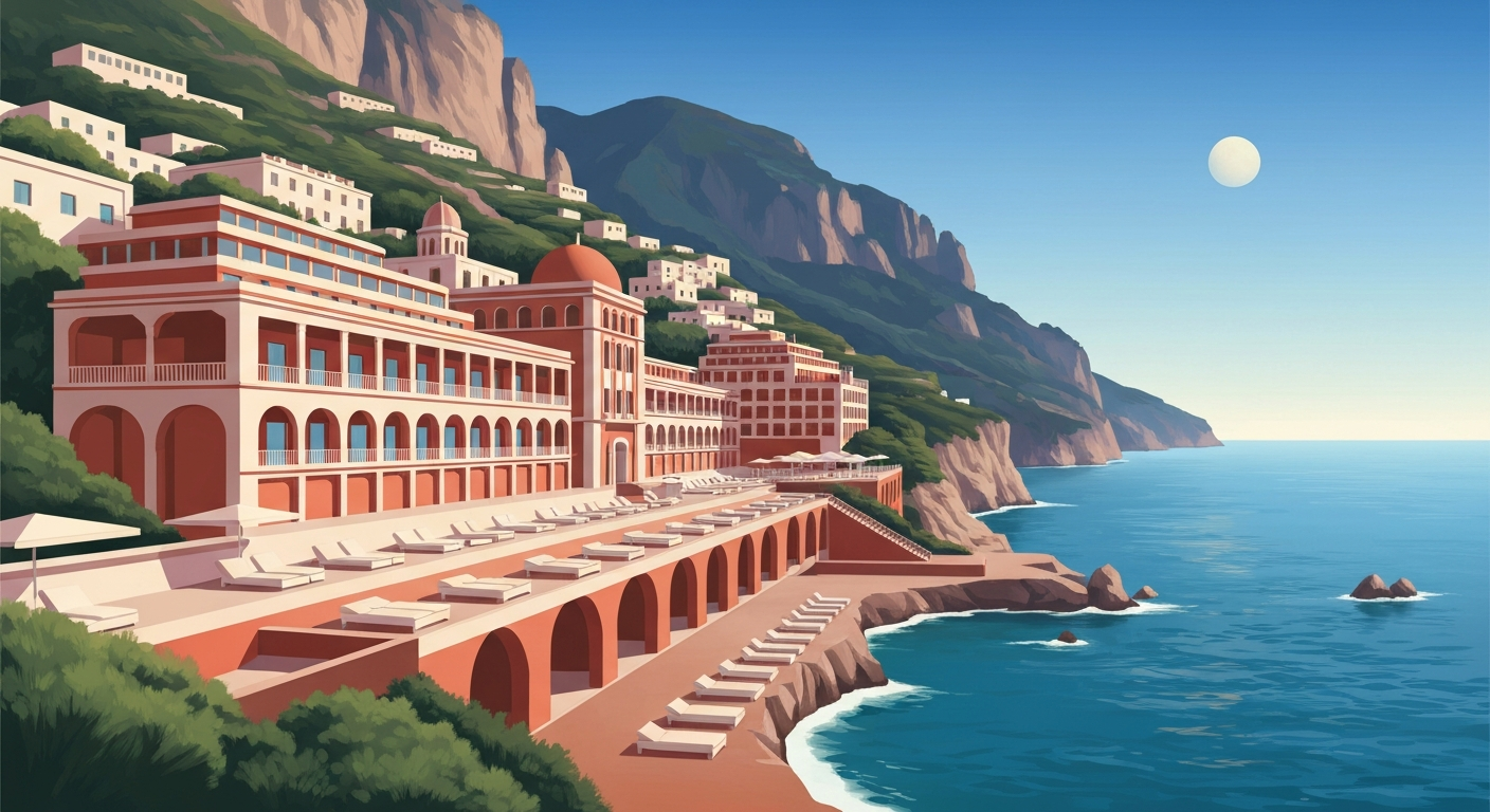 A bold, geometric illustration in the Art Deco style, depicting the dramatic architecture and coastline of the new Le Sirenuse Mare beach club on Italy's Amalfi Coast, with sweeping gradients of blue, terracotta, and green evoking the sun-drenched seaside setting.