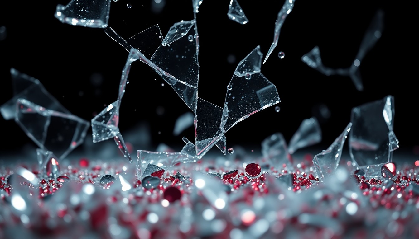 An extreme close-up photograph of shattered glass and glittering sequins in dramatic, high-contrast studio lighting, conceptually representing the allure and danger of vampire culture.