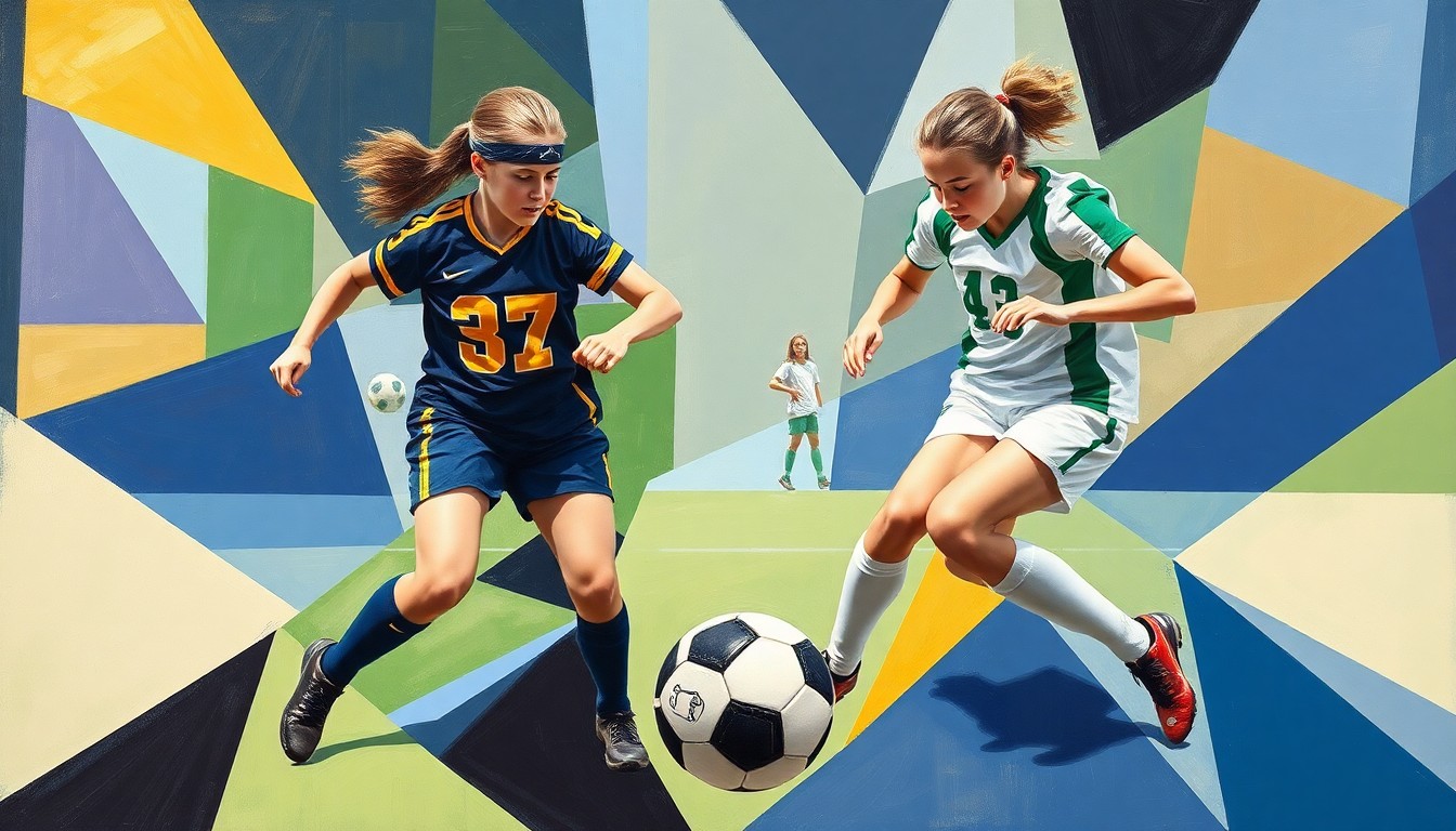 A fractured, geometric painting depicting the movements and energy of a girls' high school soccer match, with the players and ball broken down into abstract shapes and angles in the style of Pablo Picasso.