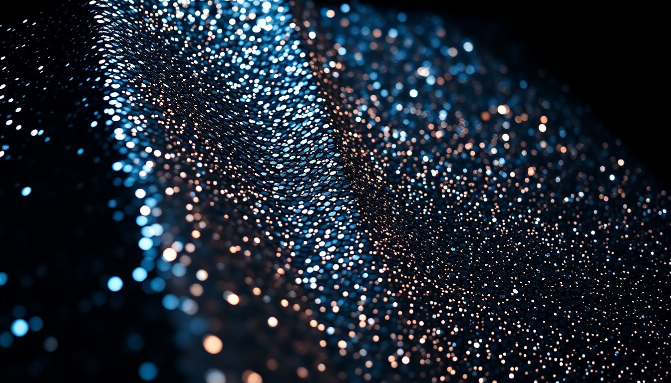An extreme close-up of shimmering sequins in high-contrast lighting, creating a visually striking and conceptual representation of the film's themes.