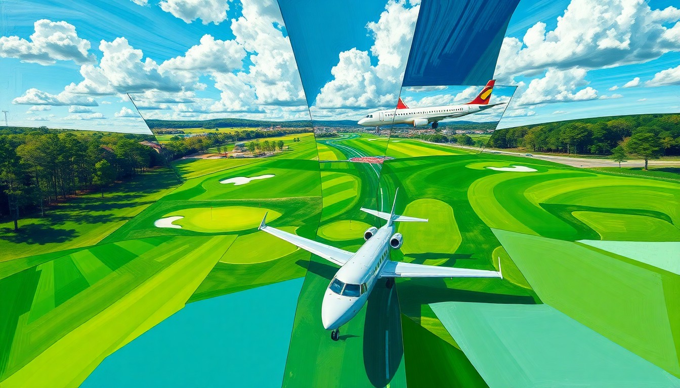 A cubist, geometric painting depicting the Masters golf tournament and private jets arriving at Augusta Regional Airport, with overlapping planes of green fairways, blue skies, and silver aircraft.