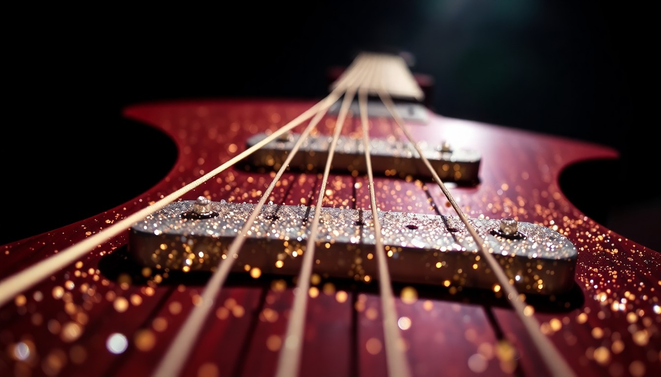 An extreme close-up photograph of the shimmering, glittering strings of an electric guitar, capturing the dynamic energy and luxurious textures of a live rock performance.