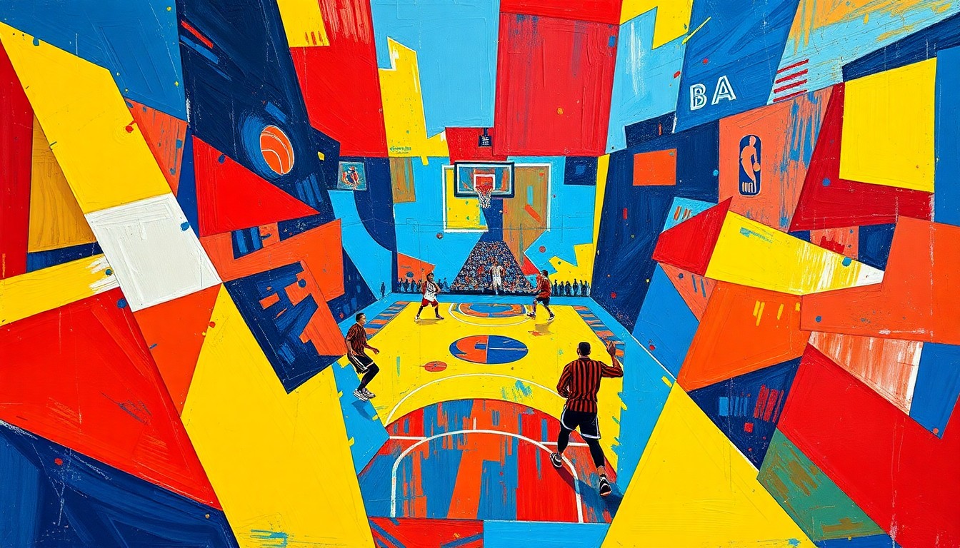 A cubist, geometric painting depicting an abstract basketball game, with sharp, overlapping shapes and planes of vibrant red, blue, and yellow colors.