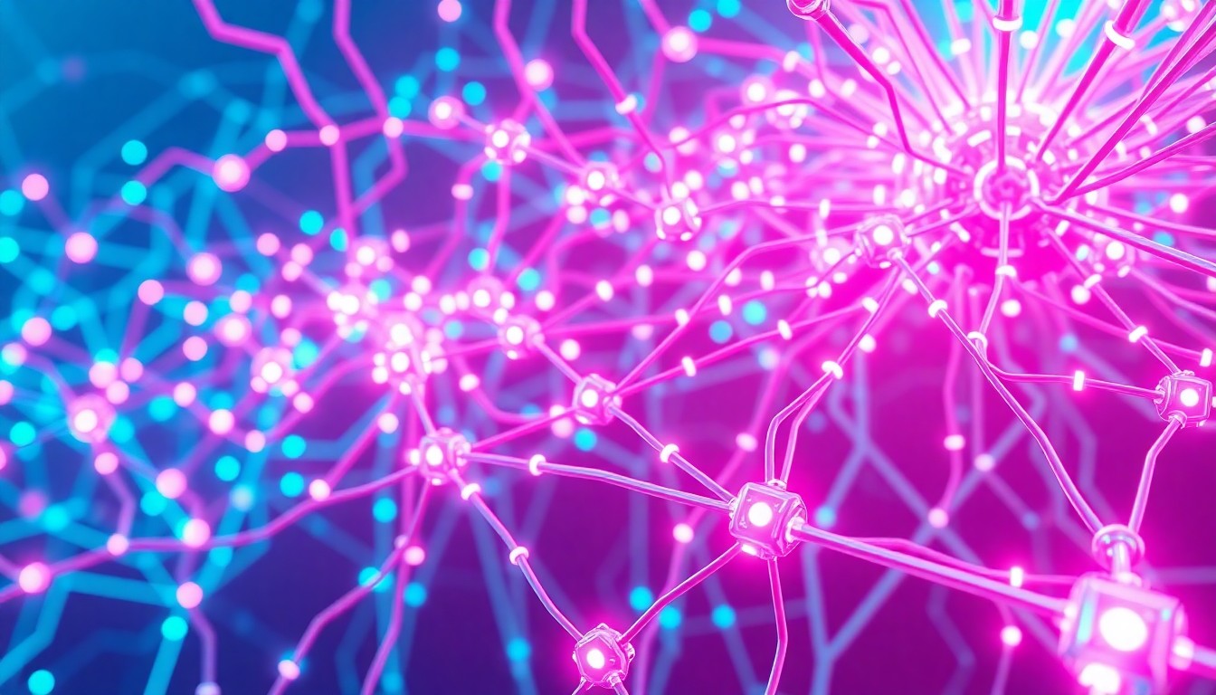 A highly detailed, glowing 3D illustration of a complex network of interconnected nodes and cables, pulsing with neon cyan and magenta lights, conceptually representing an advanced, intelligent infrastructure that is constantly adapting and optimizing itself.