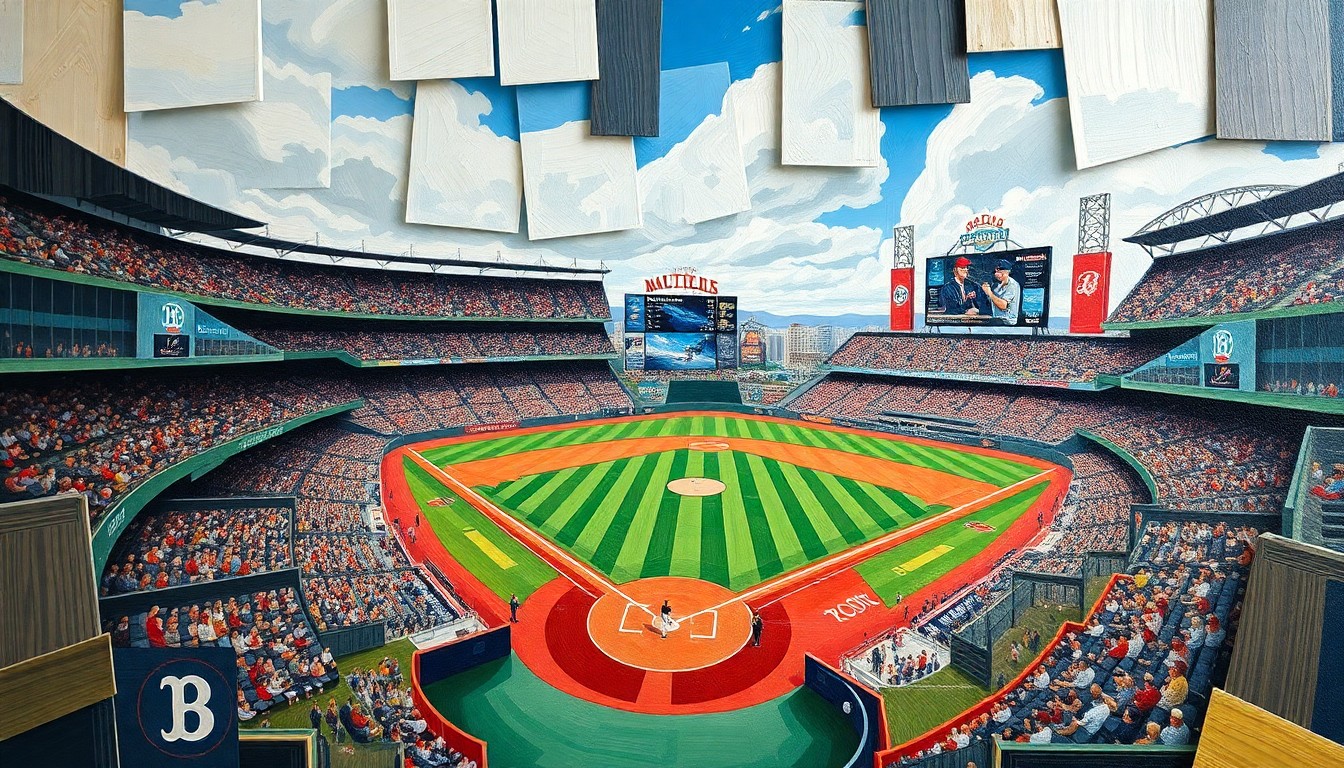 A cubist, geometric painting depicting a baseball game between the Boston Red Sox and Milwaukee Brewers, with the players and field broken down into sharp, overlapping planes of color and shape, capturing the intensity and tension of the heated on-field incident.