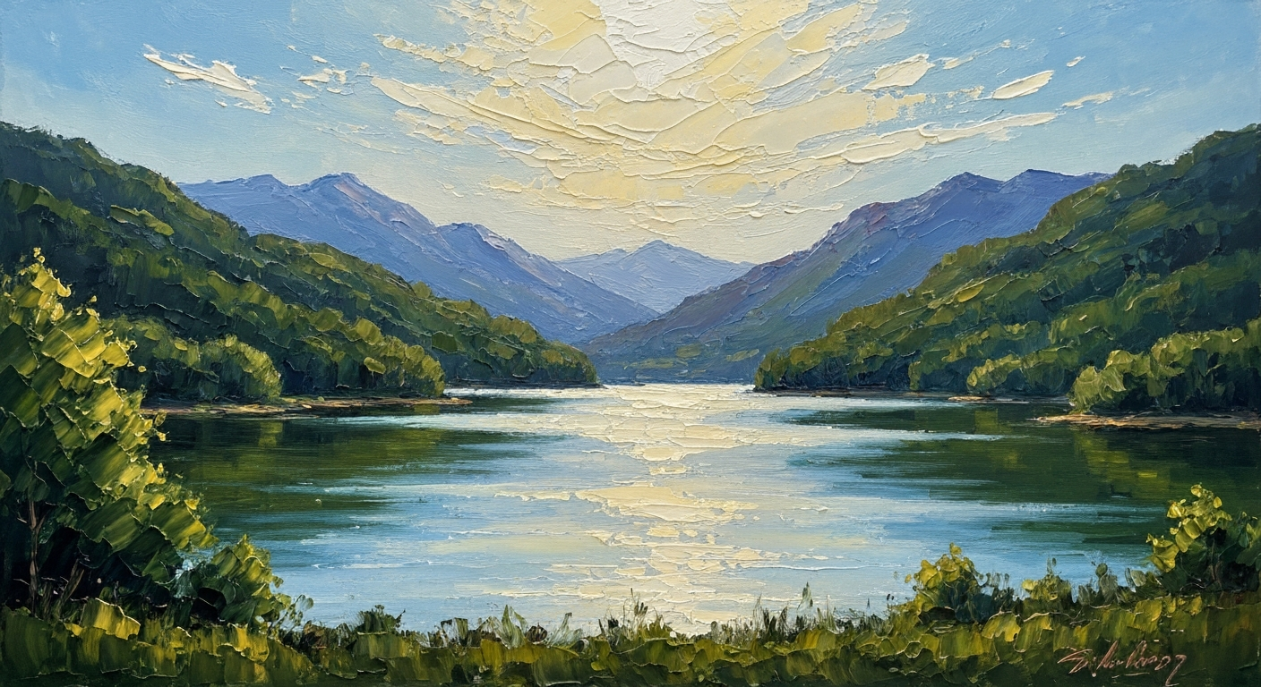 A vibrant, textured oil painting depicting a serene lake surrounded by rolling hills and mountains, with the sun's rays glistening on the water's surface, conveying a sense of peaceful escape from the desert heat.