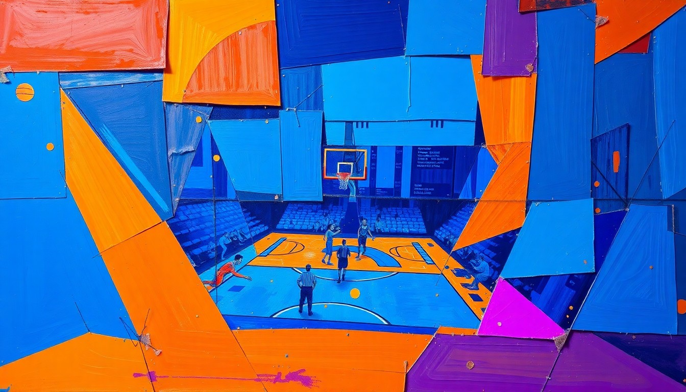 A fragmented, geometric painting in bold colors depicting a basketball game or match, with the players and court broken down into sharp, overlapping planes, conceptually representing the Bulls' front office transition.