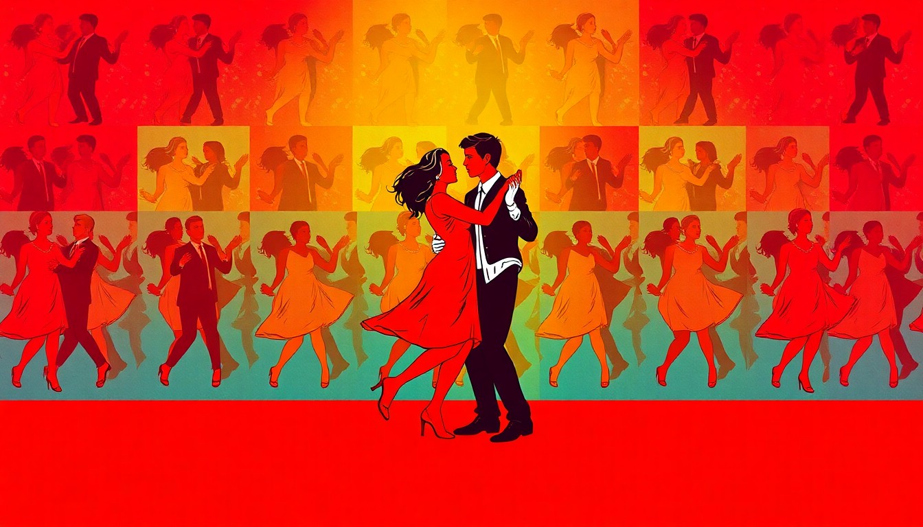 A bold, colorful silkscreen print featuring a repeating pattern of a dancing couple, capturing the celebratory spirit of a community talent show event.