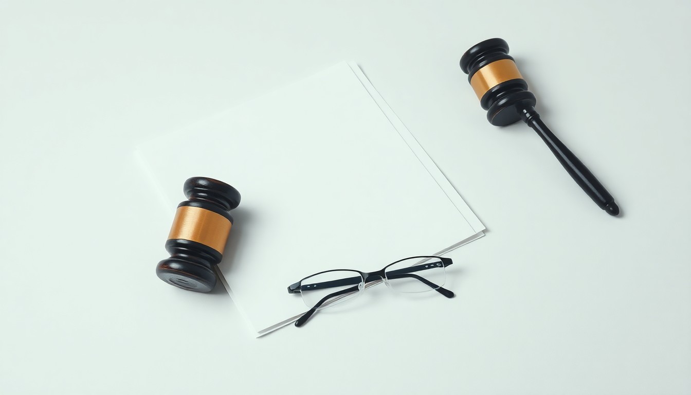 A minimalist studio still life photograph featuring a stack of legal documents, a gavel, and a pair of reading glasses, conceptually representing a securities fraud lawsuit against a pharmaceutical company.
