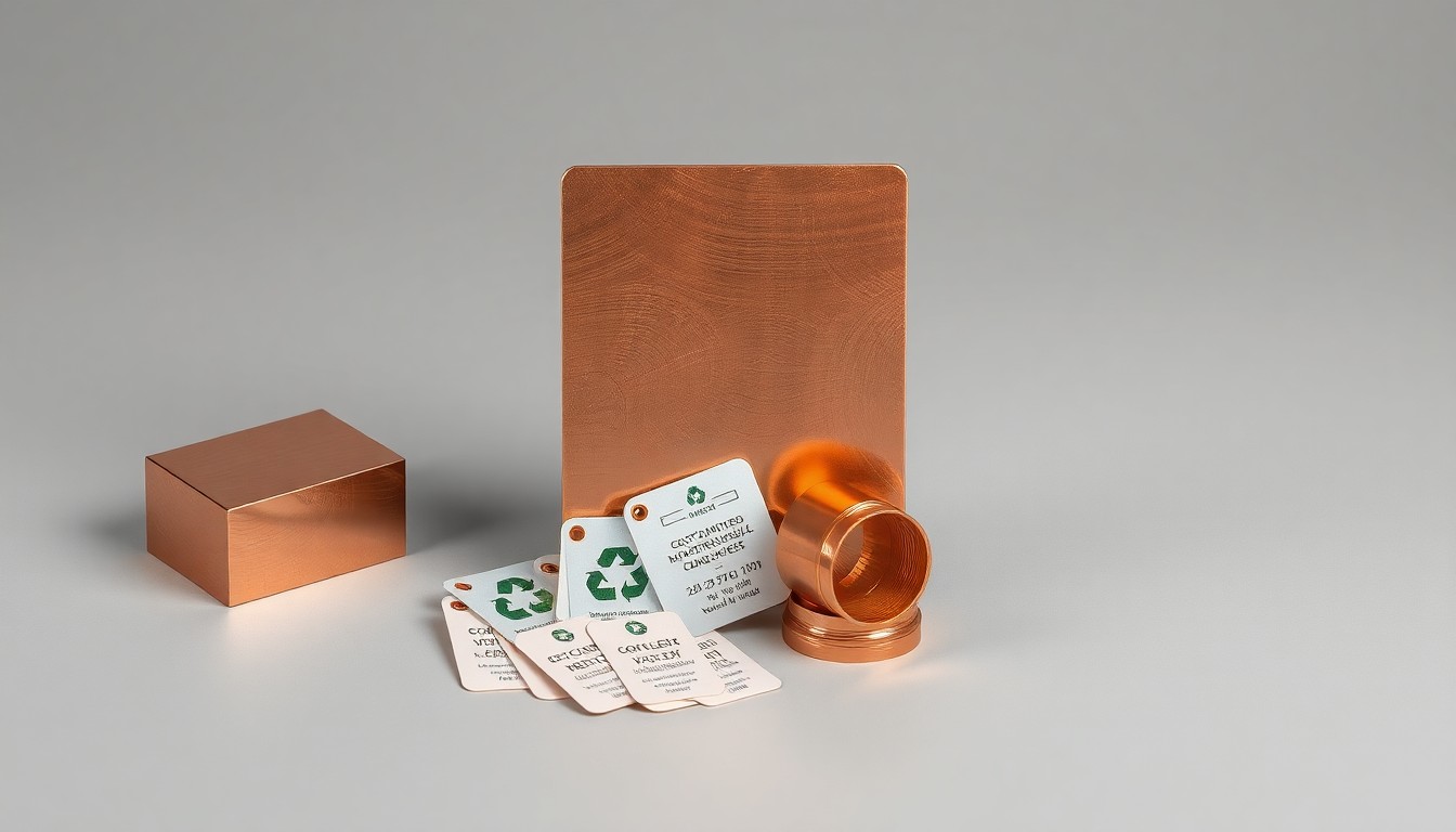 A photorealistic studio still-life featuring a polished copper ingot, recycling tags, and a copper pipe fitting, representing the copper industry's efforts to standardize sustainability reporting.