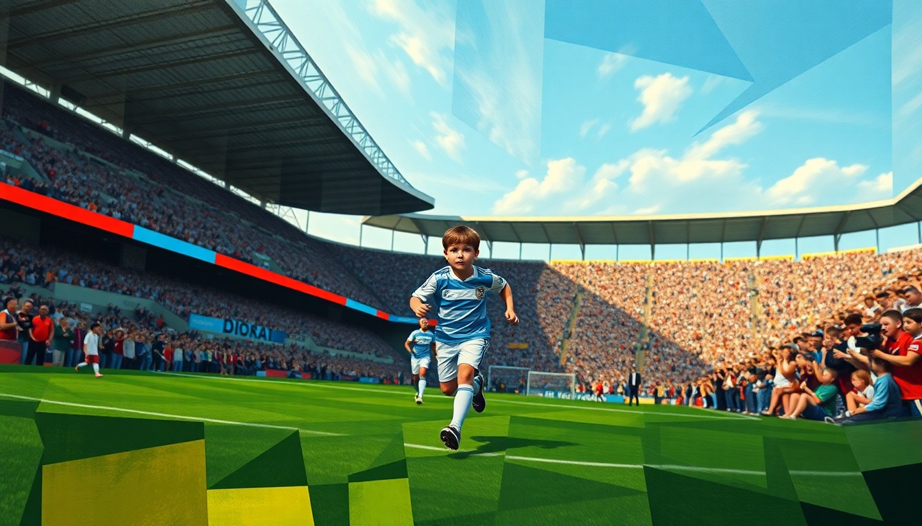 A fragmented, geometric painting depicting a young boy running onto a football pitch, with the stands and crowd dissolving into sharp, overlapping planes of color, capturing the energy and emotion of the mascot experience.