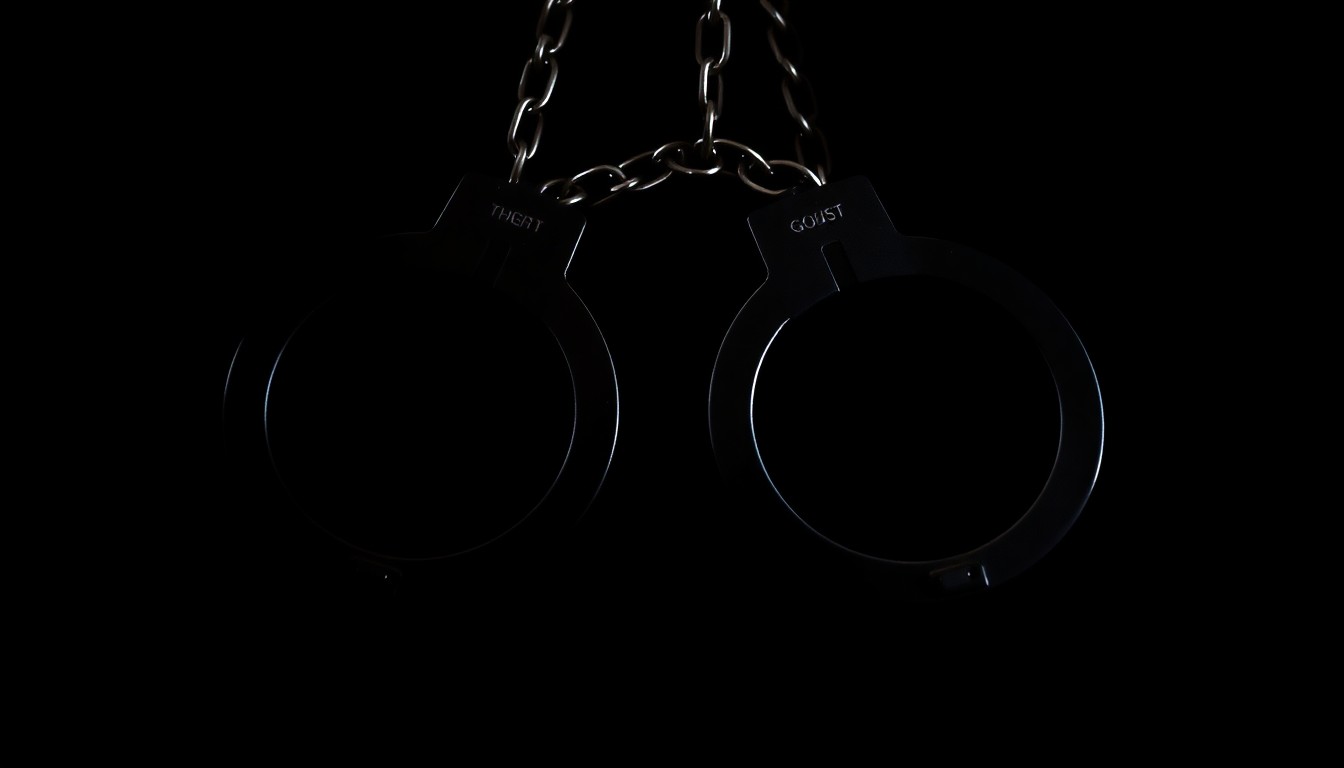 An extreme close-up photograph of a set of handcuffs against a pitch-black background, creating a stark, gritty, investigative aesthetic.