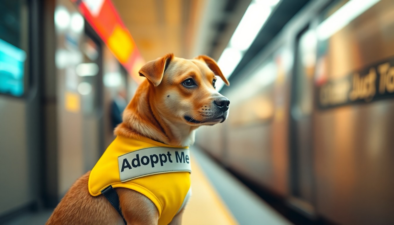 An extremely abstracted, out-of-focus photograph of a dog wearing a bright yellow 'Adopt Me' vest, standing on a subway platform, surrounded by soft, warm pools of light and color, conceptually representing the emotional story of an overlooked shelter animal finally finding a loving home.