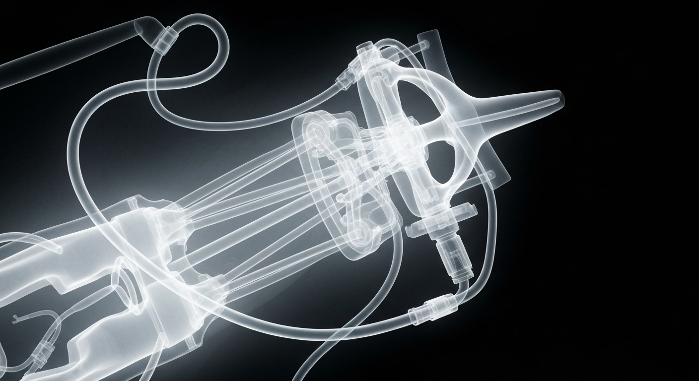 A ghostly, translucent X-ray photograph revealing the intricate internal structure of a medical device used to treat pulmonary embolism, with glowing, ethereal lines against a dark background.
