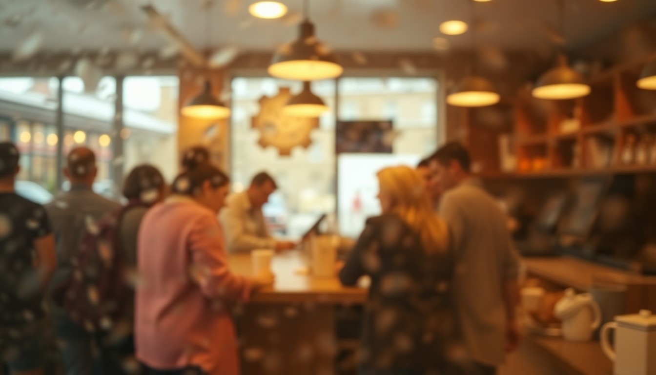 An abstract, out-of-focus scene of people gathered around a coffee shop counter, with warm, hazy pools of light and color, conceptually representing the community connection and local government engagement of the 'Coffee with the Mayor' event.