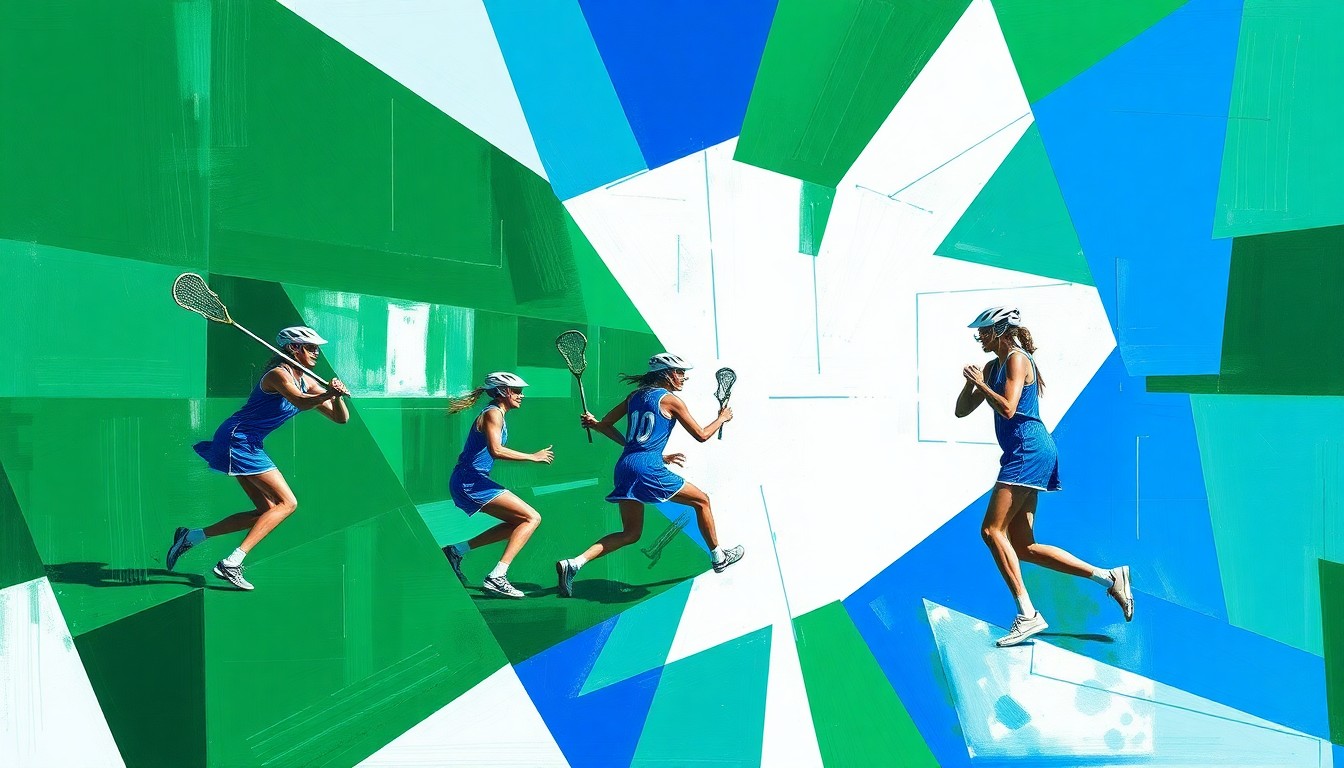 A cubist, geometric painting depicting a girls lacrosse game in motion, with the players and ball fragmented into overlapping planes of green, blue, and white shapes.