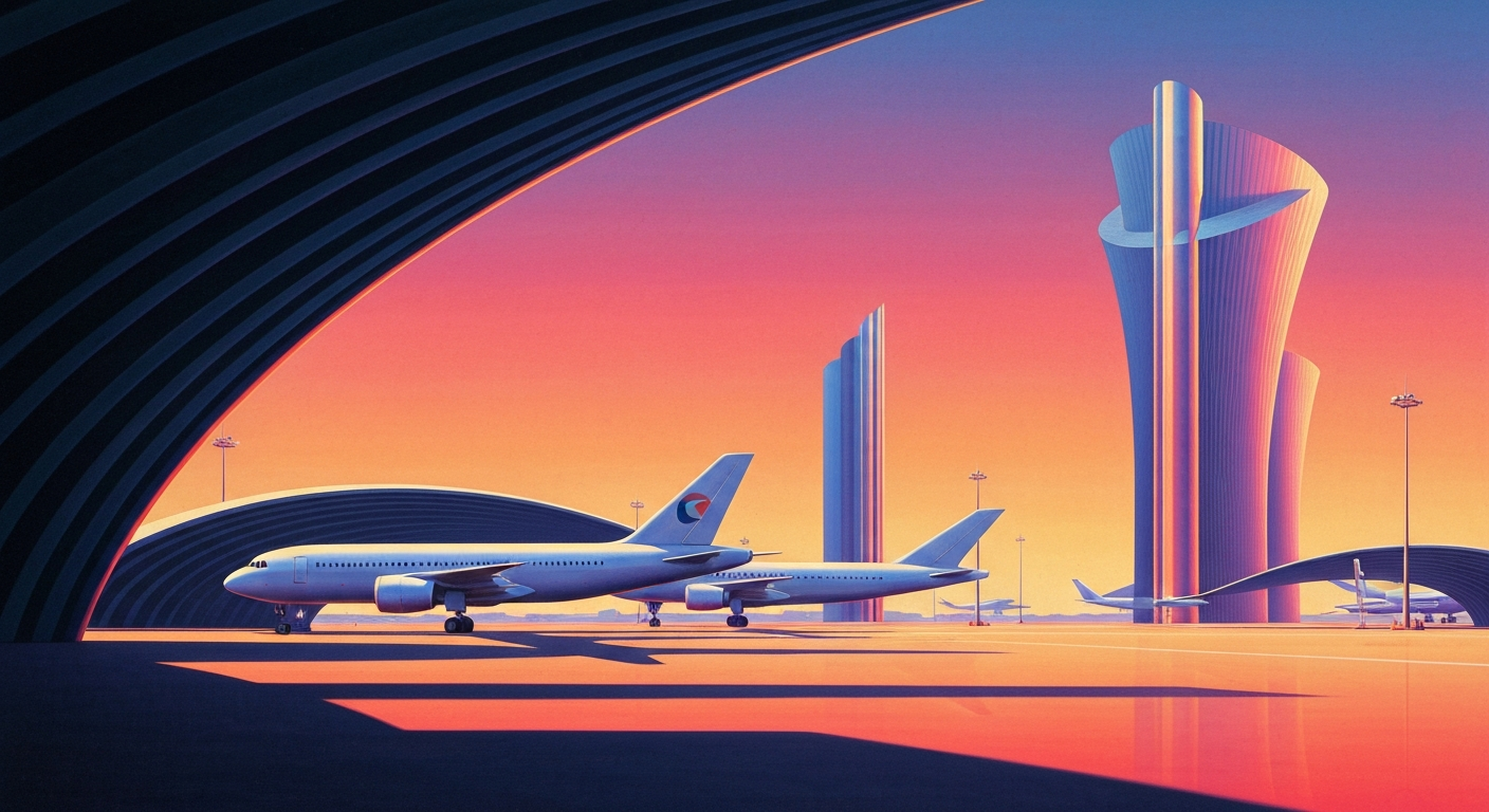 A highly stylized, geometric illustration depicting the towering, streamlined form of an airport terminal or runway, rendered in smooth, airbrushed gradients of blues and grays, conveying the grand scale and romance of air travel.