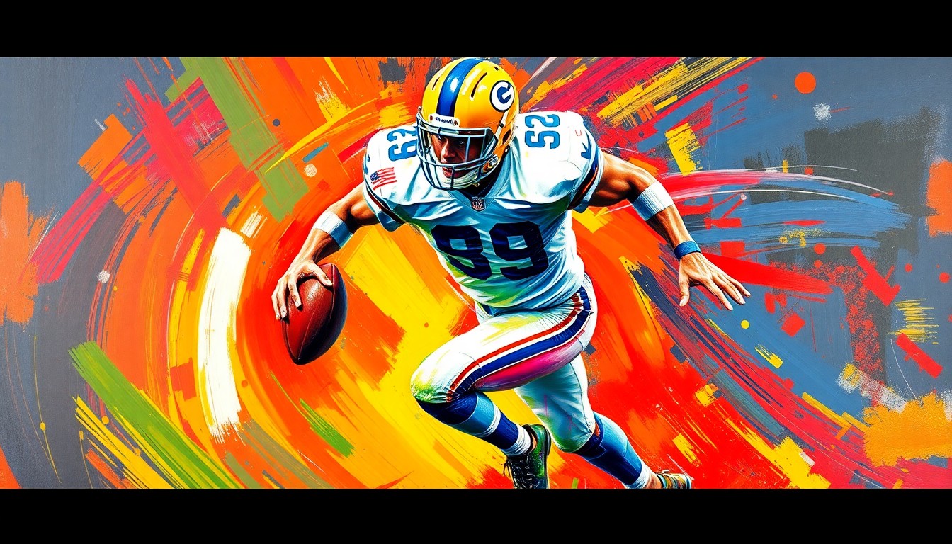 An abstract, expressionistic painting featuring bold, sweeping brushstrokes in neon colors that capture the raw power and physicality of a football player in motion.