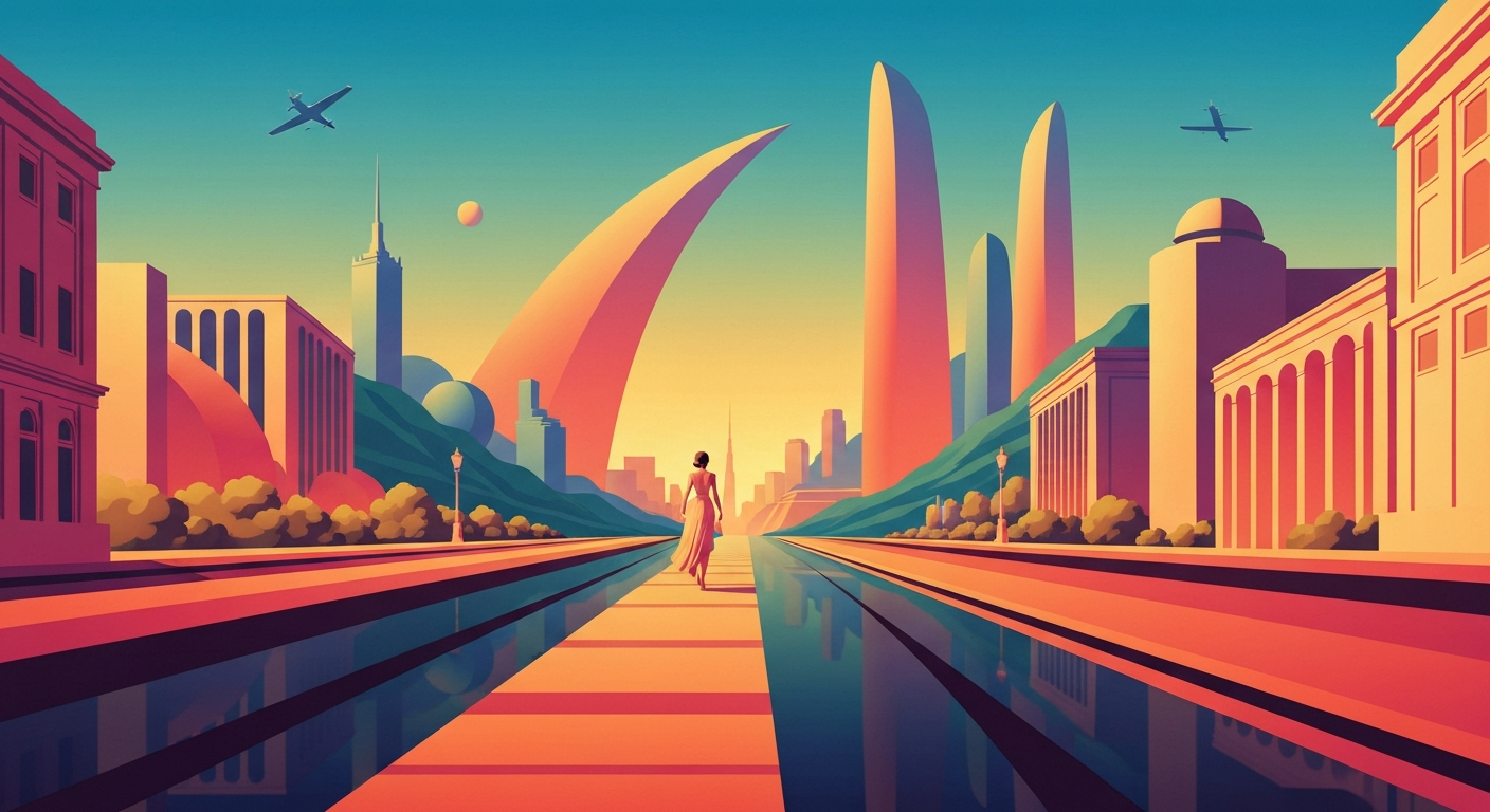 A sleek, geometric illustration in the Art Deco style, featuring towering, streamlined architectural forms and sweeping gradients of color, conceptually representing the grand scale and modernization of Philadelphia's airport infrastructure.