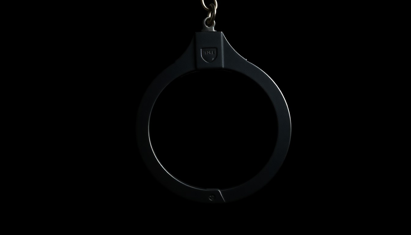 An extreme close-up of a metal handcuff or police badge, dramatically lit by a harsh flash against a dark background, conceptually representing the tense arrest of a relative of an Iranian terror leader.