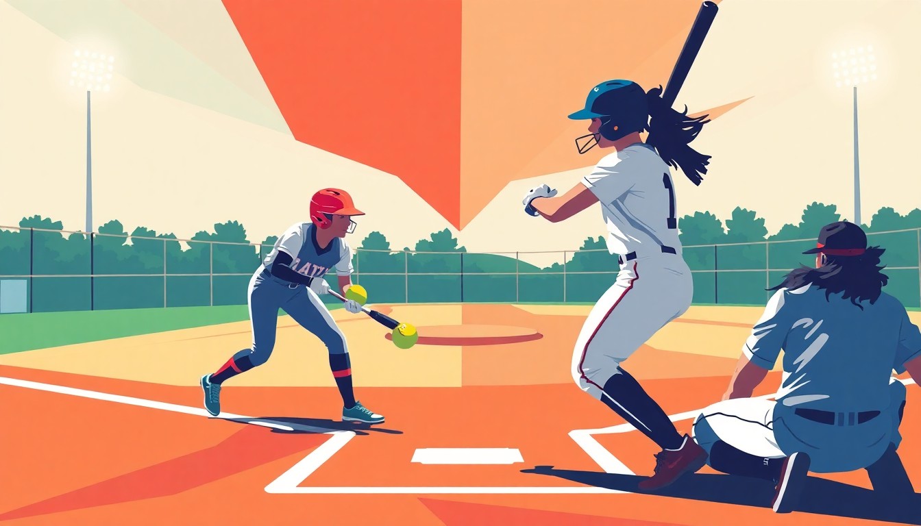 A fractured, multi-perspective painting in the style of Pablo Picasso, breaking the softball game down into sharp, overlapping geometric planes to represent the dynamic energy and competitive spirit of the match.