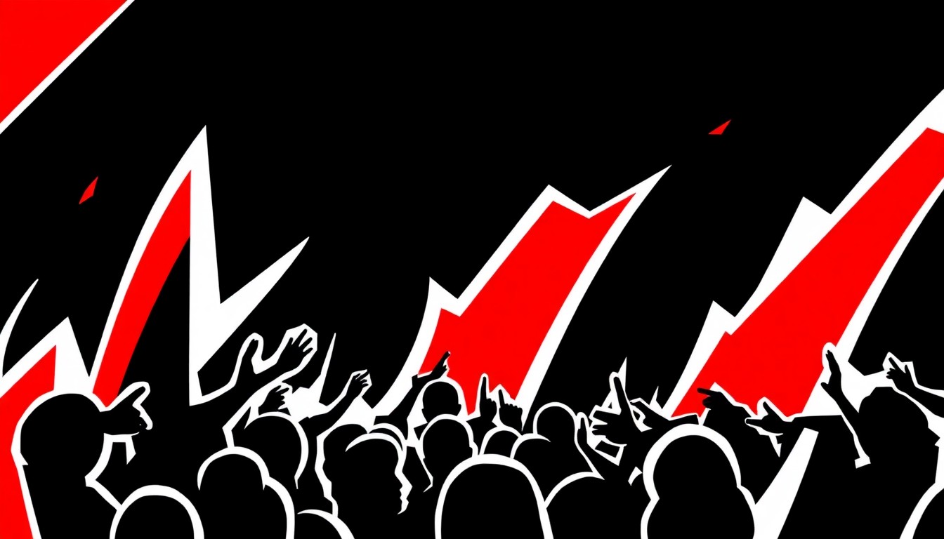 An abstract, minimalist illustration featuring bold, jagged shapes in black, white, and red, conceptually representing the energy and rhythm of an outdoor music festival.