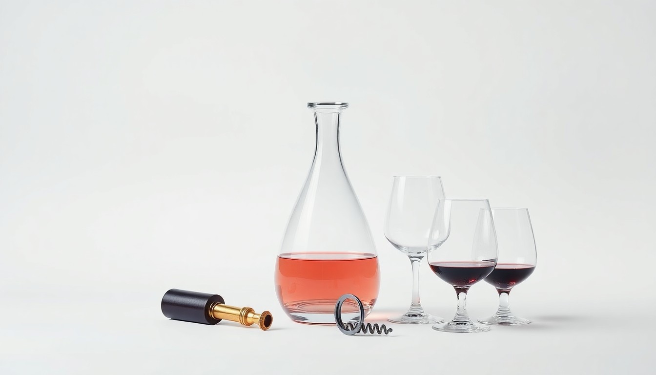 A high-end, photorealistic studio still-life photograph featuring a glass decanter, a corkscrew, and a few wine glasses arranged elegantly on a clean, monochromatic seamless background, conceptually representing the abstract concepts of corporate strategy, finance, and market leadership in the wine and spirits industry.